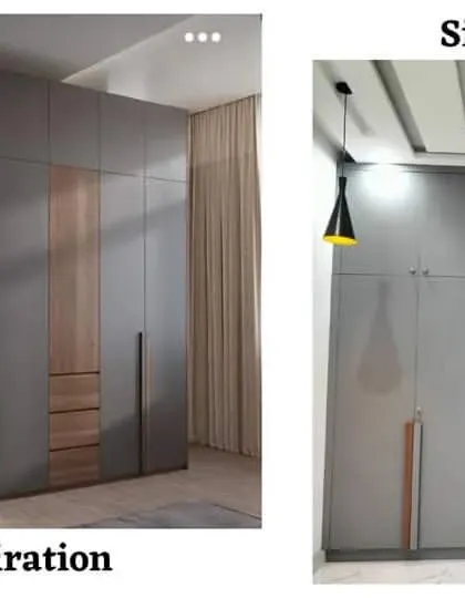 Inspiration versus execution for a modular wardrobe. We took the client's inspiration and built a custom wardrobe that matched the design, finish, and proportions.