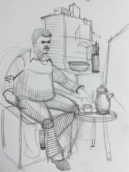 A composition drawing of a man having tea, demonstrating how to create a scene with a figure and objects.