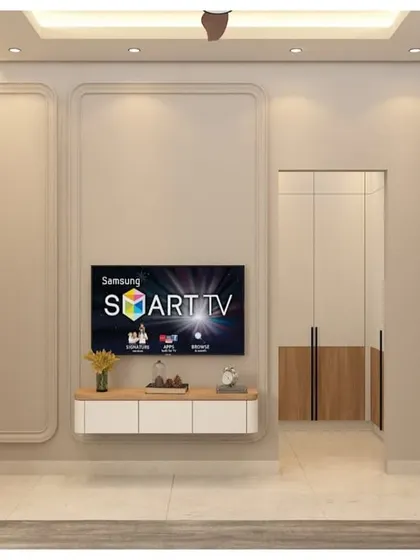 This render shows the TV wall of the bedroom, featuring a simple floating console and elegant wall molding, maintaining the room's clean and uncluttered feel.