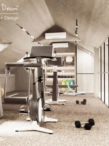 The cardio section of the attic gym. We used a neutral color palette and natural wood textures to create a calming yet energizing environment.