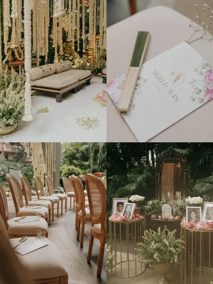 A collage of ceremony details, from the seating arrangement and personalized fans to the floral decor and a memory table with family photos.