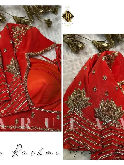 This vibrant orange blouse, designed for a client in the USA, features beautiful lotus motifs embroidered with zardosi on the sleeves. The horizontal lines of beadwork add a modern touch.