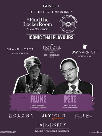 Bangkok's finest on tour in India. This poster details the three-city tour for Find The Locker Room and Find The Photo Booth, bringing iconic Thai flavours and inventive cocktails to Kochi, Hyderabad, and Bengaluru.