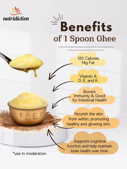 A single spoon of ghee is packed with benefits. It contains fat-soluble vitamins like A, D, E, and K, boosts immunity, nourishes the skin from within, and supports cognitive function. Remember to use it in moderation.