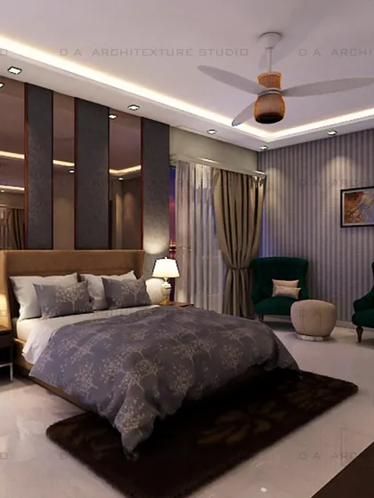 Subtle grey walls in this bedroom are blended with various shades and textures to create a deeply comforting and layered feel.