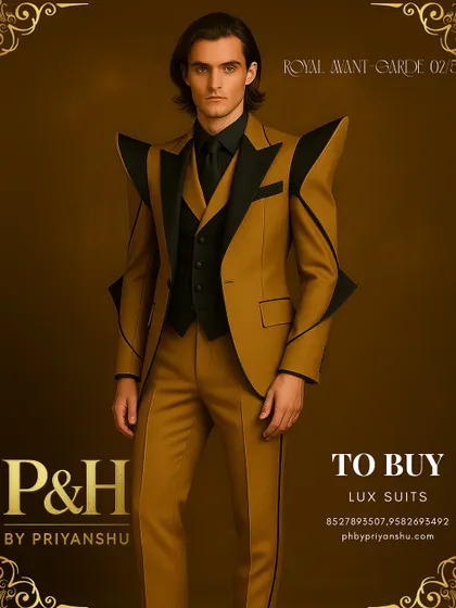 A bold fusion of gold and black defines this avant-garde men's suit. The sharp, architectural lines and shark-fin shoulders are accentuated by the striking color contrast, presenting a look of unapologetic confidence and high-fashion artistry.