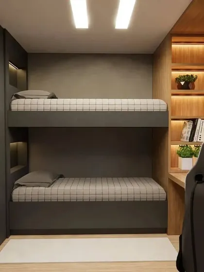 Another view of the bunk bed setup, showing the adjacent study area.