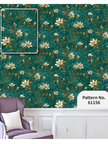 A room mockup with a deep teal wallpaper featuring a pattern of white and gold flowers.
