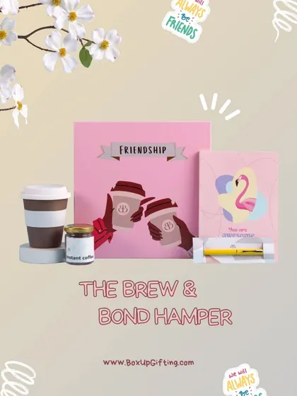 "The Brew & Bond Hamper" is a perfect gift for your coffee-loving friend on Friendship Day. It includes a reusable coffee cup, instant coffee, and a cute friendship-themed card.