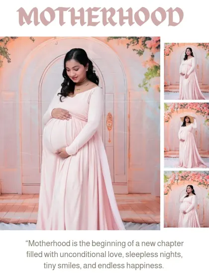 This collage showcases a series of beautiful solo portraits of the mom-to-be in a flowing pink gown. It provides a wonderful overview of the different poses we can achieve in front of our floral arch backdrop.