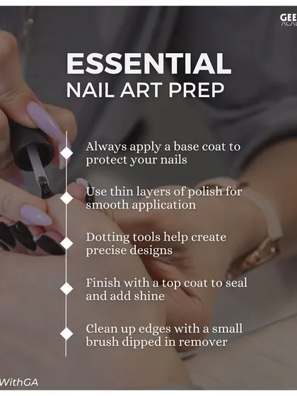 Perfect nail art starts with perfect prep. We teach the essential steps, from applying a protective base coat to using the right tools for precise designs and finishing with a sealant top coat.