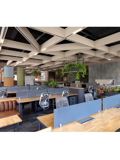 The open-plan workspace at Paras Healthcare features an innovative ceiling design with acoustic panels, ensuring a comfortable sound environment. The layout is designed to be flexible, with a mix of individual workstations and collaborative benches.