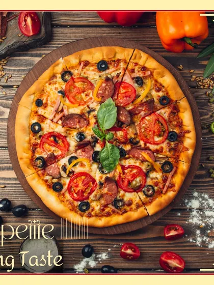 A freshly baked pizza with a variety of toppings. This is a great option for a more casual corporate event or as part of a live pizza counter setup.