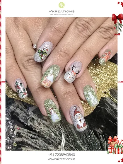Getting into the festive spirit with this detailed Christmas character set. Each nail features a different hand-painted icon like Santa, a snowman, and a reindeer over a sparkling glitter base.