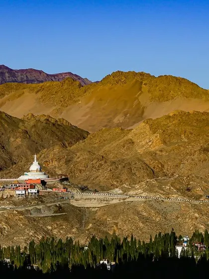 The iconic Shanti Stupa nestled in the golden-brown hills of Ladakh. We often run or hike to these cultural landmarks as part of our acclimatization schedule.
