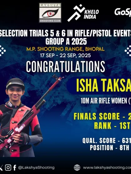Isha Taksale delivered a stellar performance to claim first place at the Selection Trials in Bhopal. After qualifying 8th, she showed incredible focus to win the 10m Air Rifle Women (T5) final.