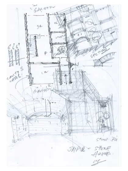 A concept sketch for the House of Solid Stone, exploring the arrangement of rooms around gardens and the use of stone jaalis. The drawing includes notes on cavity walls and sections, showing the integration of technical and conceptual thinking.