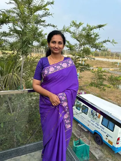 Our client looks so graceful in this purple pure Mysore crepe saree with Bentex embroidery.