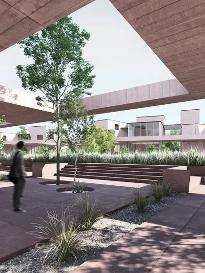 A rendering of the central courtyard for Residence G in New Delhi. The design features a series of open courts that punctuate a large verandah, connecting the various living spaces of the home along the landscape and creating 'islands of light'.