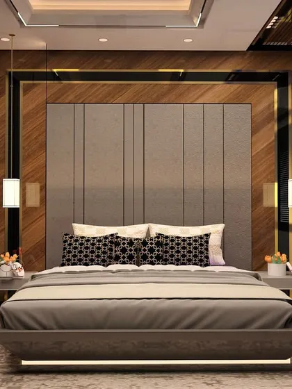 This 3D render is a great example of a modern luxury bedroom. It features a tall, paneled grey headboard set against a wood-paneled wall with dark metal accents, paired with sleek, high-gloss wardrobes.