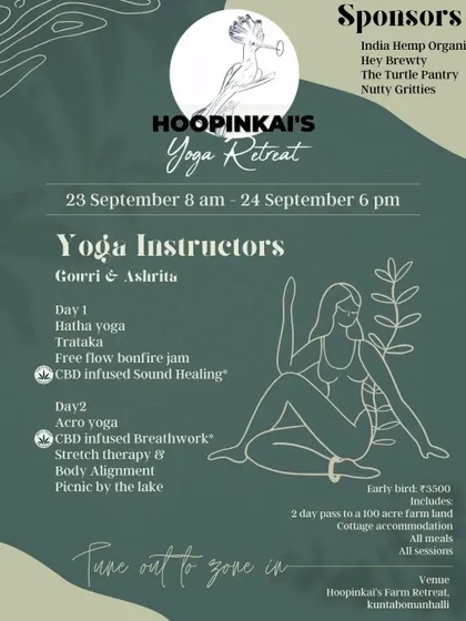 The official flyer for our upcoming yoga retreat. This two-day journey includes Hatha yoga, Acro yoga, sound healing, stretch therapy, and so much more.