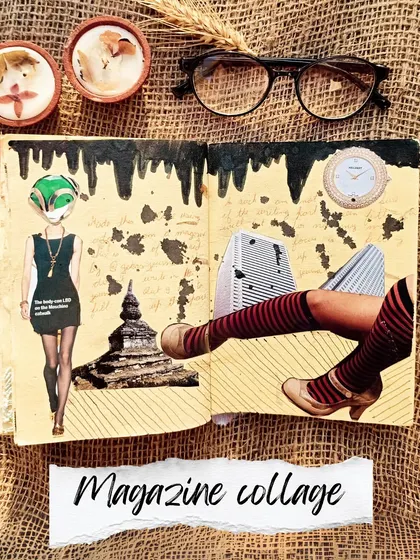 Art journal idea: create a surrealist magazine collage. Cut out different elements and combine them in unexpected ways.