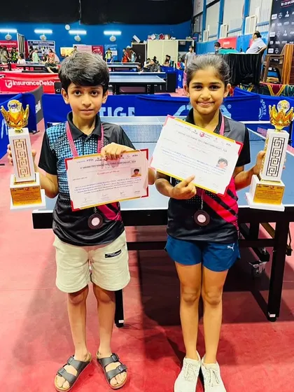 Prisha Agarwal and Keshava Vasudev with their bronze medal trophies from the 1st Haryana State Ranking Table Tennis Tournament. We provide specialized youth table tennis coaching to help young talents flourish.
