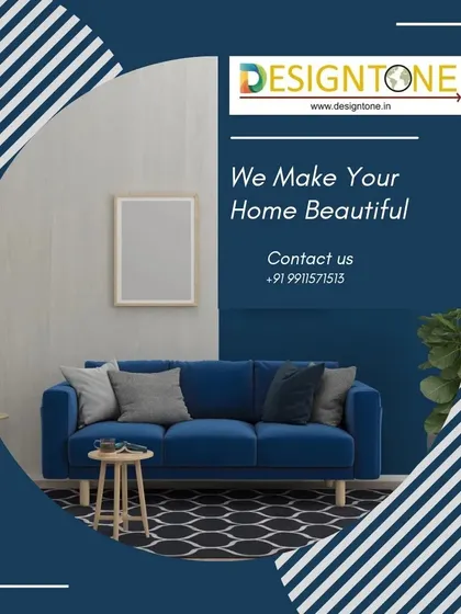 "We Make Your Home Beautiful." A simple promise backed by our design expertise. This graphic features a modern living room with a bold blue sofa.
