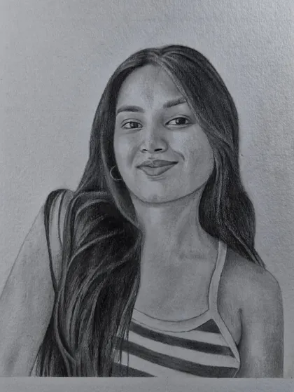 A realistic portrait drawing that focuses on the soft features and long hair of the subject.