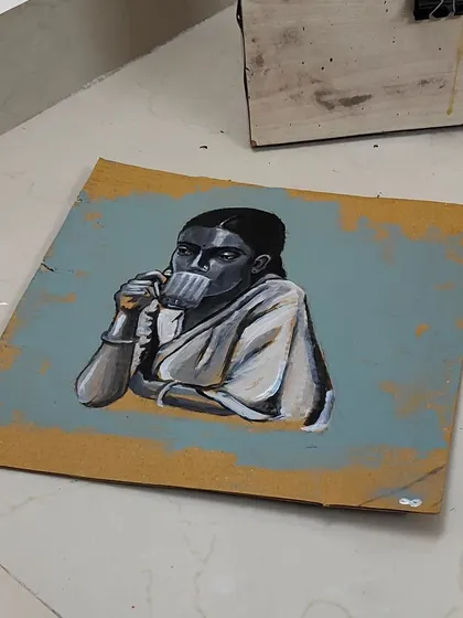 "Me-Time," an acrylic painting on cardboard celebrating a quiet moment of solitude. This piece, showing a woman enjoying a cup of tea, was a joy to create and quickly found a home.