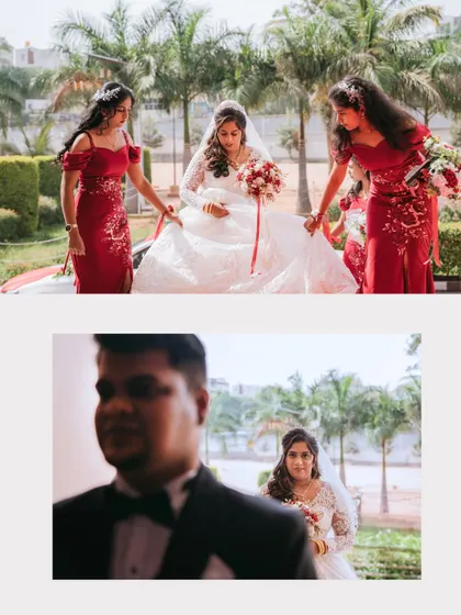 A collage showing the bride's grand entrance, assisted by her bridesmaids, and the groom's emotional first look. These are the moments that make a wedding day unforgettable.