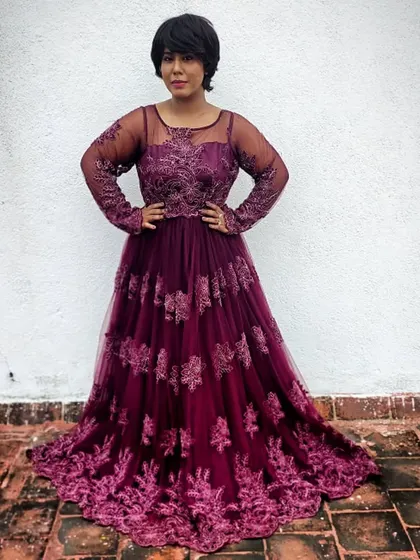 A powerful, full-length stance in the purple gown, showcasing its beautiful design and my confident presence.