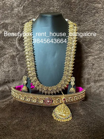 A beautiful antique coin (kasu) necklace set, including a choker, a long kasu haram, and a matching vaddanam. A very popular rental for its traditional appeal.