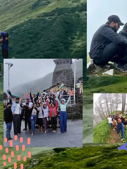 A collage showing the different moments of a trip: celebrating at a temple, taking a break on a trail, and exploring the forest together. Every moment is a memory.