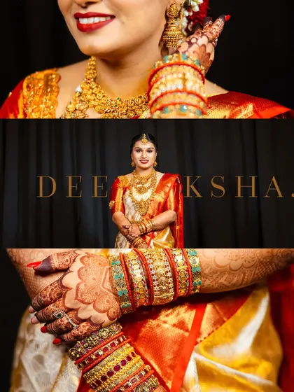 A collage highlighting the intricate details of the bride's jewelry, henna, and classic red and white saree.