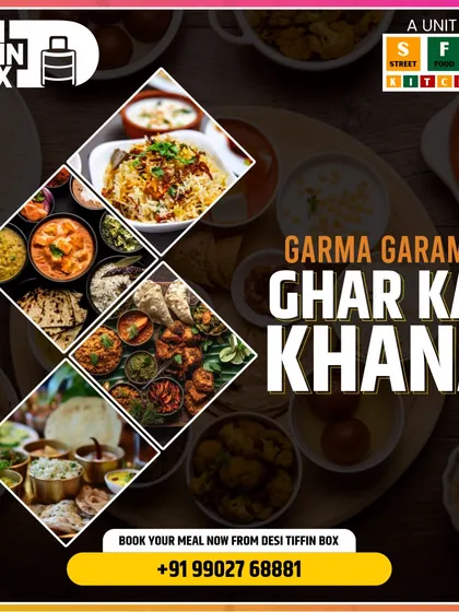 Need variety for your group? This collage showcases the wide range of 'Garma Garam Ghar ka Khana' we offer, from different curries and biryanis to breads and sides, ensuring there's something for everyone.