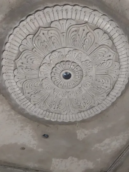 Another angle of the ceiling medallion, showing the crisp details of the petals.