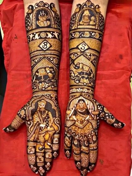 This personalized design features stunning portraits of the couple in traditional wedding attire. I also included their initials 'S' and 'B' in a creative way.