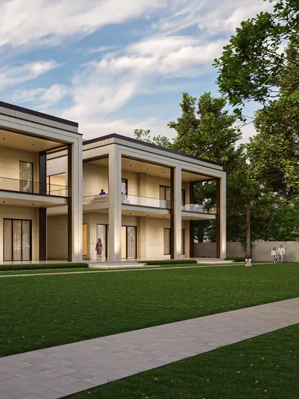 The expansive lawn and simple path in front of the farmhouse create a serene setting that allows the architecture to stand out. The design of the landscape is as clean and minimal as the house itself.