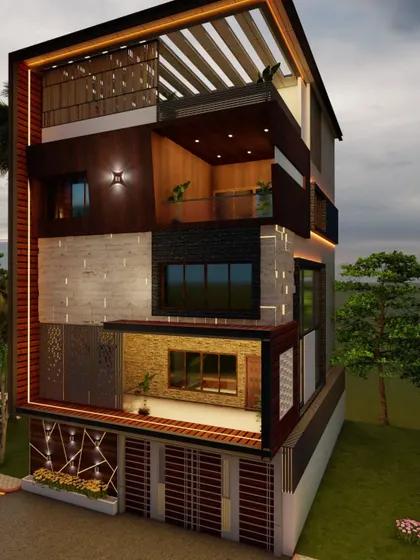 A side view of the Nagarbhavi project, showing how the different layers of the facade create depth and visual complexity.