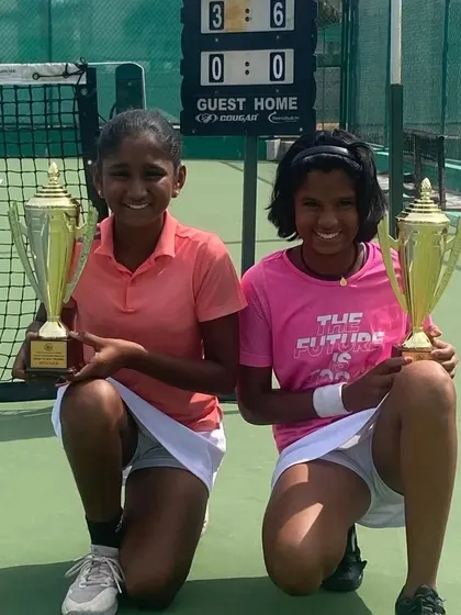 Tamanna Nair and her partner celebrating their U-12 Doubles victory at the All India National Series in Hyderabad.