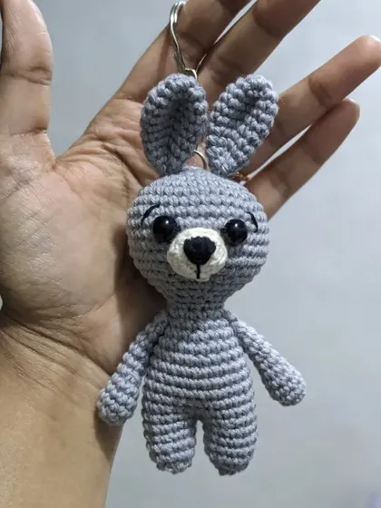 The bunny with its keychain attachment, ready to be added to a set of keys or a backpack.