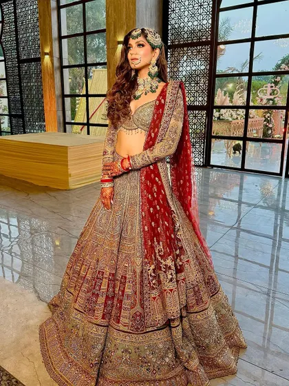 A beautiful shot of the bride looking away from the camera, showcasing the side profile and the elegant draping of her dupatta.