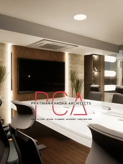 A 3D render of the Narela conference room, focusing on the media wall and integrated shelving.