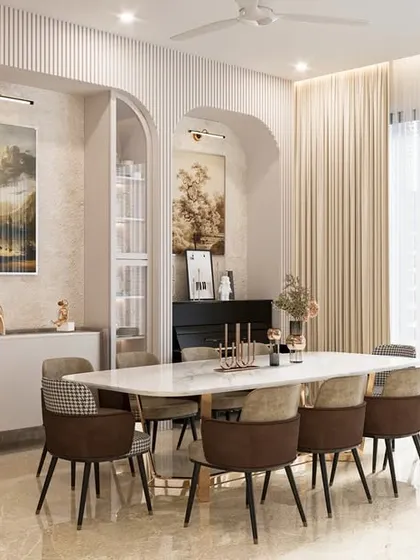 The dining area from the same 3D project, featuring arched, backlit crockery units and a large dining table, blending different textures for timeless sophistication.