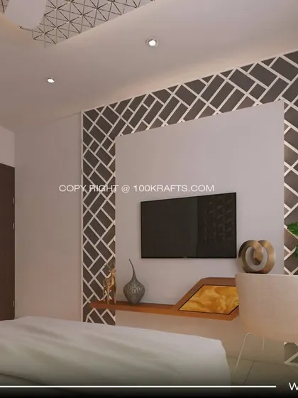 Tradition gets a glow-up in this bedroom from our Cochin project. A geometric patterned wall serves as a modern backdrop for the TV and a compact study desk.