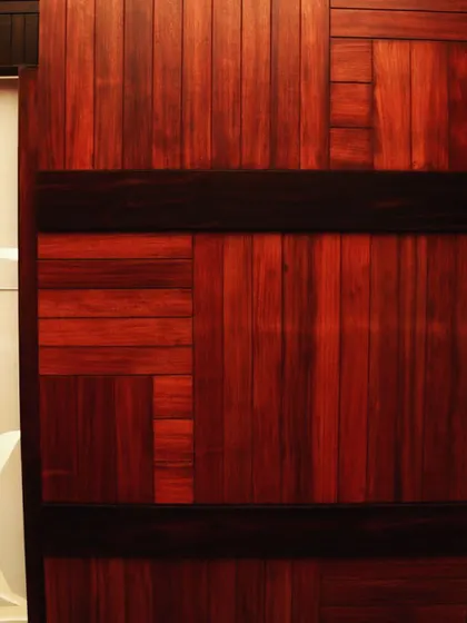 A close-up of a wall detail, showing how different tones and grains of wood are pieced together like a mosaic.