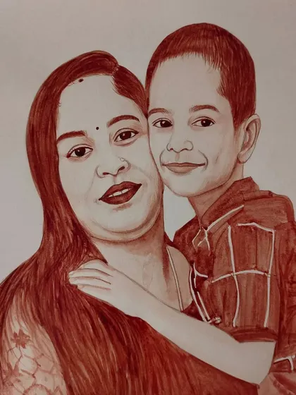 A blood portrait of a mother and her son, capturing a warm embrace. These custom paintings make for deeply personal and emotional gifts.