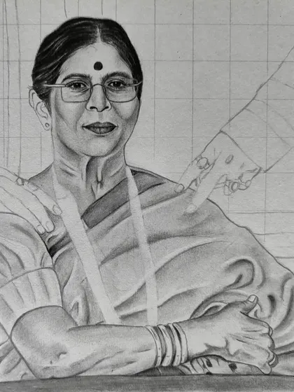Another work-in-progress of a family portrait, this one focusing on a mother. The hands of her children resting on her shoulders add a layer of emotion and connection.