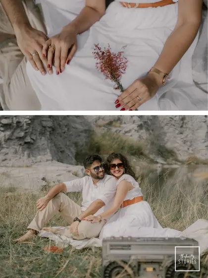 A collage showing a relaxed picnic scene. The top frame captures the intimacy of holding hands, while the bottom frame shows a fun, candid moment with a vintage boombox prop.
